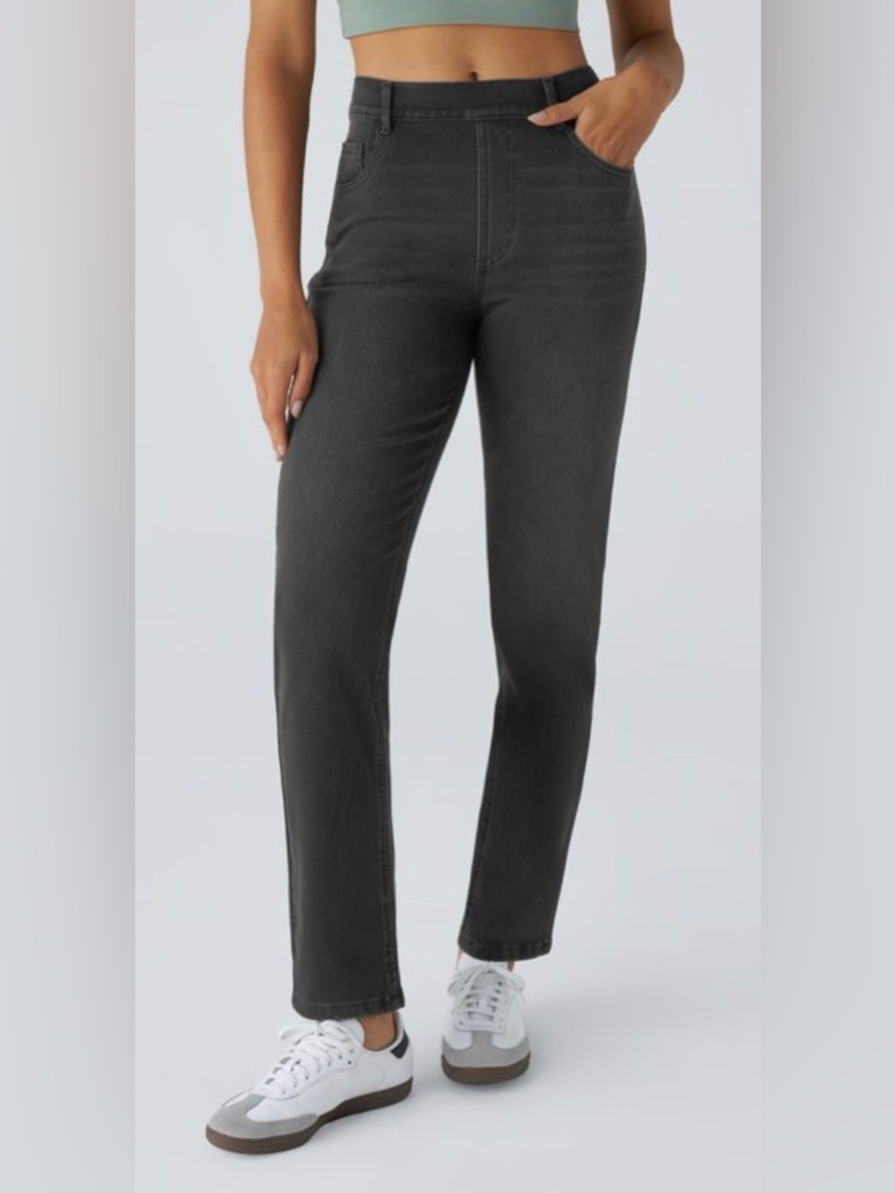Halara Flex High Waisted Pockets Straight Leg Washed Casual Jeans Black Wash S